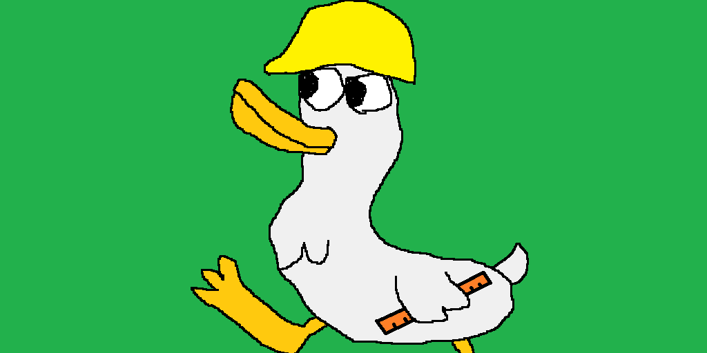 A white duck with a yellow beak and yellow feet walking across a field of green grass. The duck is wearing a yellow hard hat on its head and holding an orange ruler under one of its wings.