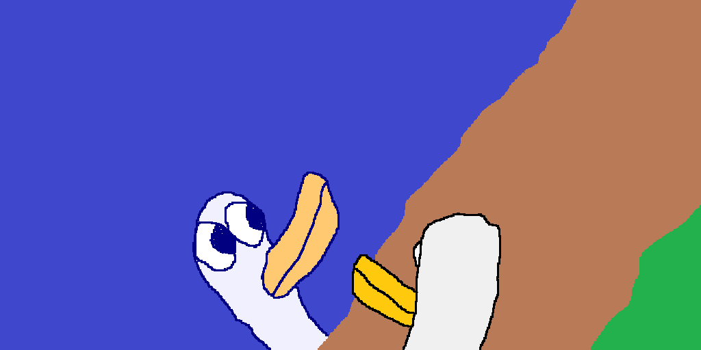 A white duck with a yellow beak standing at the edge of a blue lake. The duck is looking at its reflection on the lake's surface.