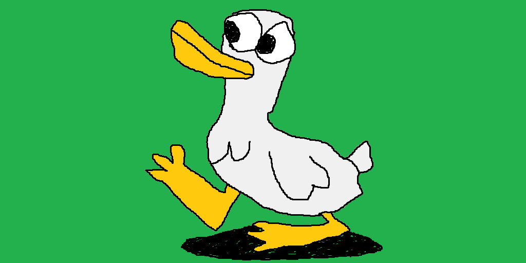 A white duck with a yellow beak and yellow feet walking across a field of green grass. The duck is not making anything spin around.