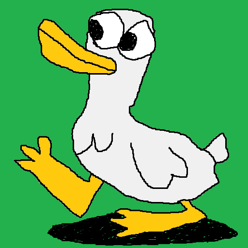 A white duck with a yellow beak and yellow feet walking across a field of green grass. The duck is not making anything spin around.