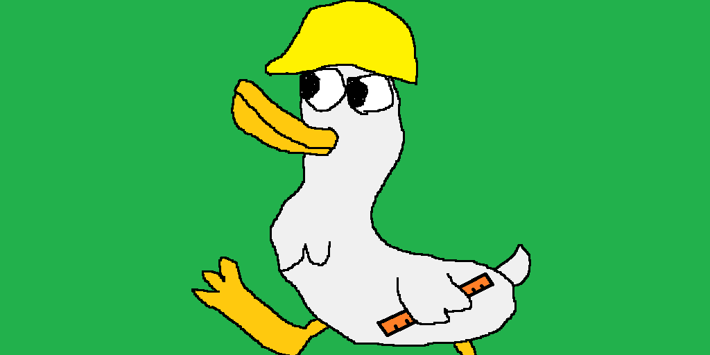 A white duck with a yellow beak and yellow feet walking across a field of green grass. It is wearing a yellow hard hat and holding an orange ruler under one of its wings.